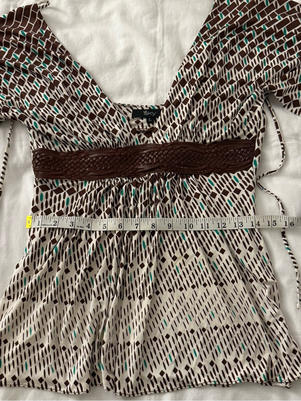 Y2K Sky 100 Percent Silk Geometric Boho Blouse Empire Waist Kimono Sleeve Top L - Picture 4 of 6